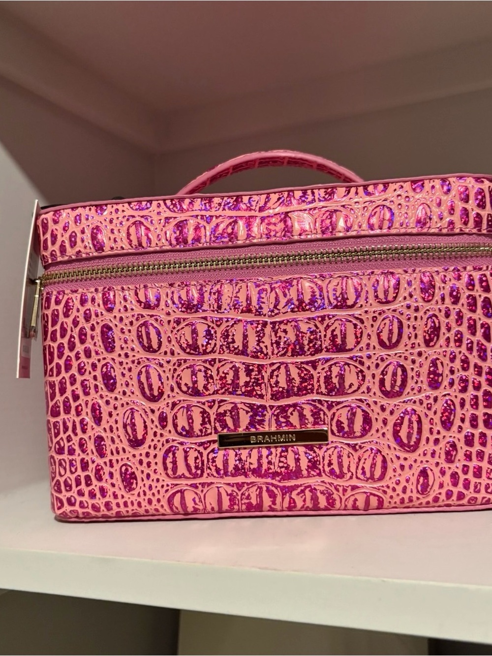 Brahmin Pink Glitter Croc-Embossed Leather Cosmetic Case - Picture 4 of 6